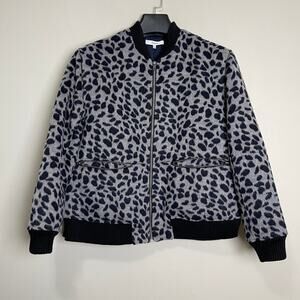 Ro & De grey and blue cheetah full zip bomber jacket w/split hem women's S